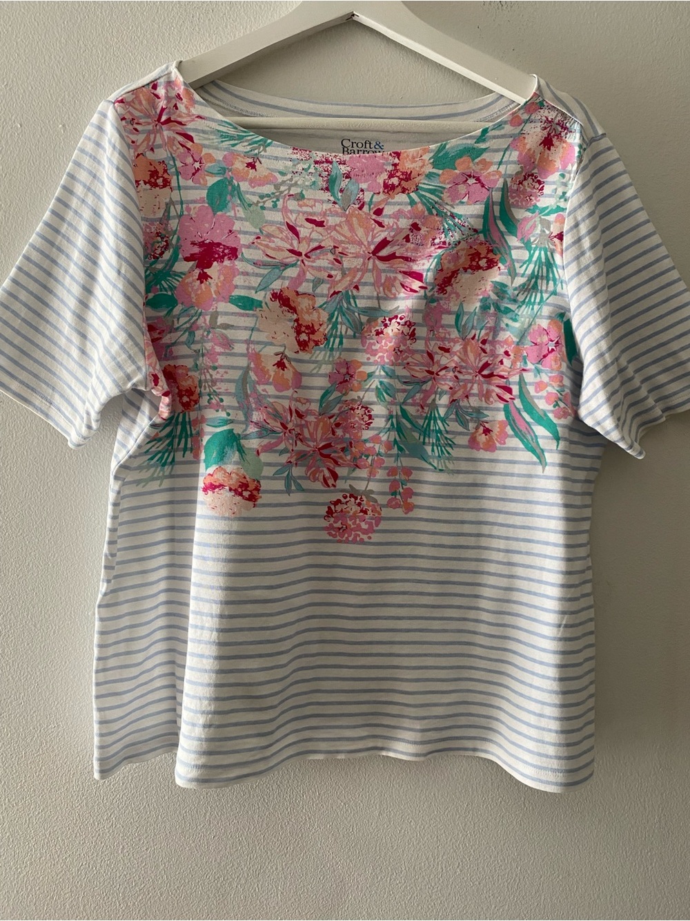 croft & barrow Pink Floral Stripe Short Sleeve Tee with Teal Accents